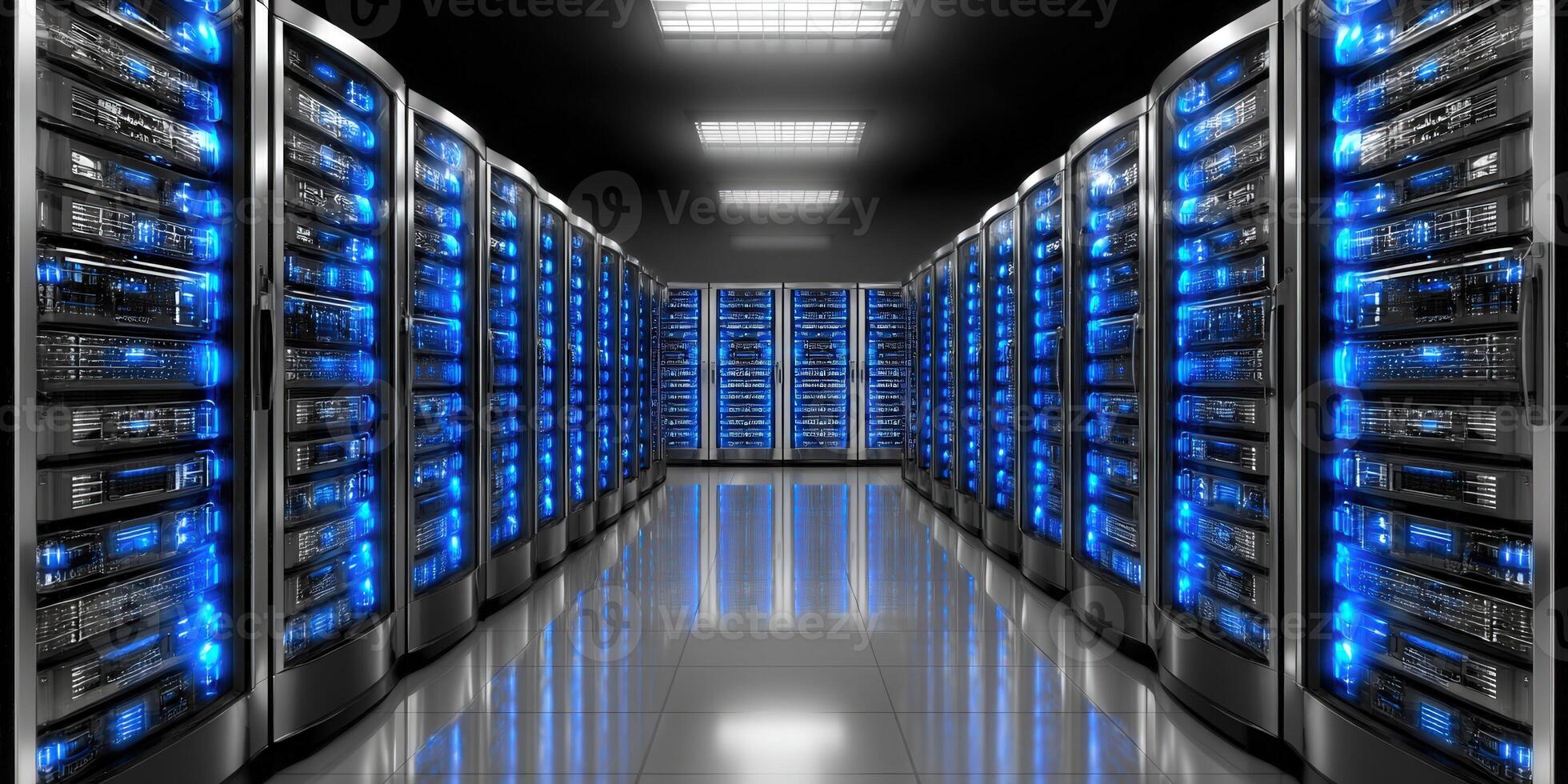Data center showcasing rows of servers with glowing blue lights, symbolizing advanced technology. photo