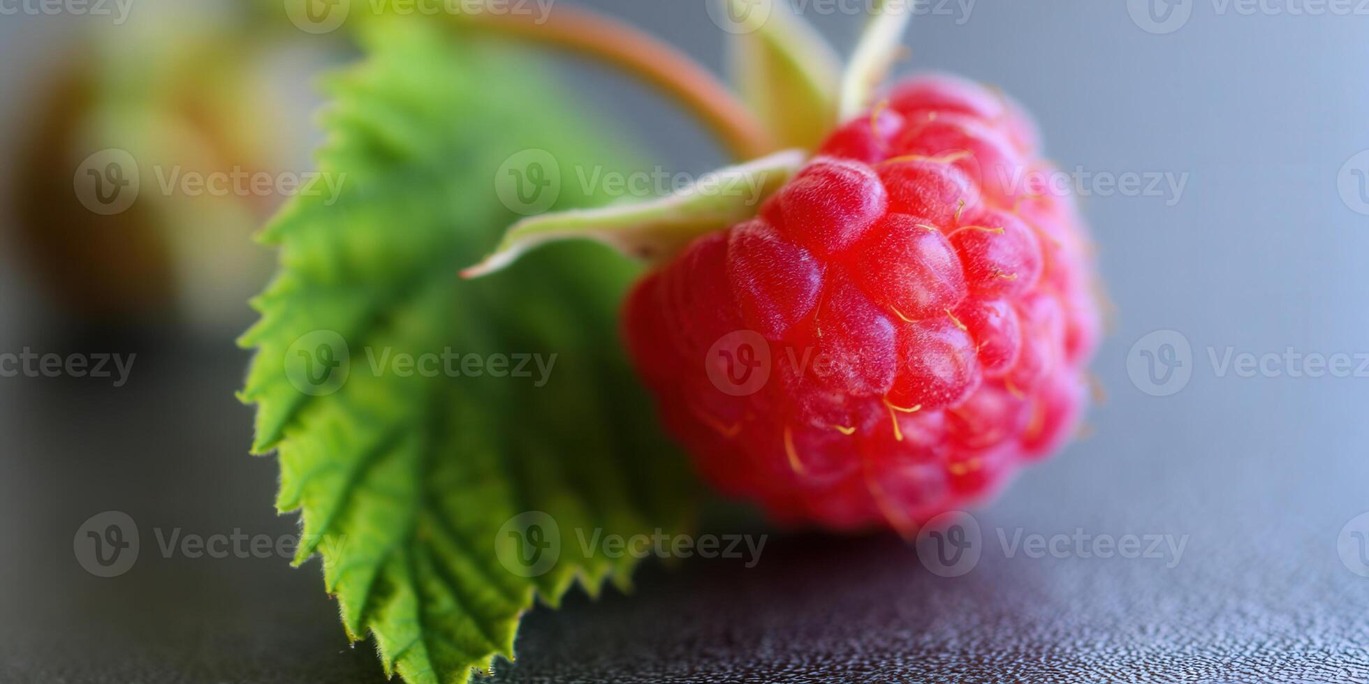 A vibrant red raspberry with a textured surface and green leaf in a close-up shot. photo