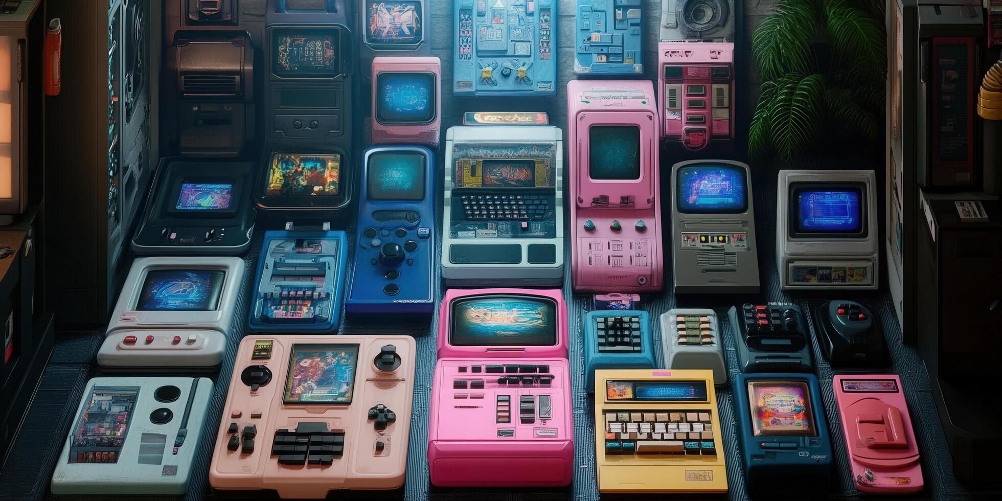 A vibrant display of various retro handheld gaming consoles, offering a nostalgic trip. photo