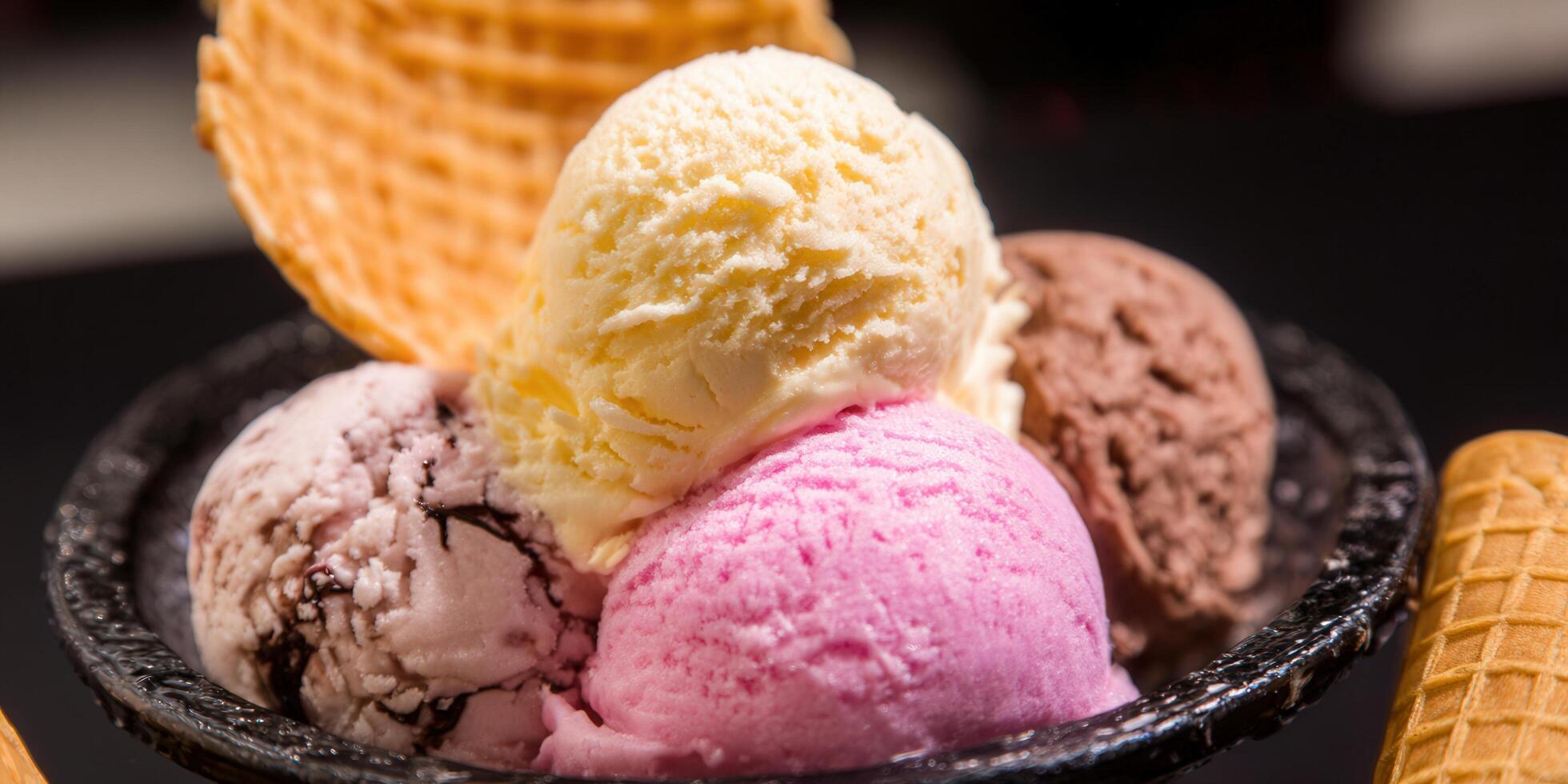 A colorful array of ice cream scoops, a perfect dessert to enjoy. photo