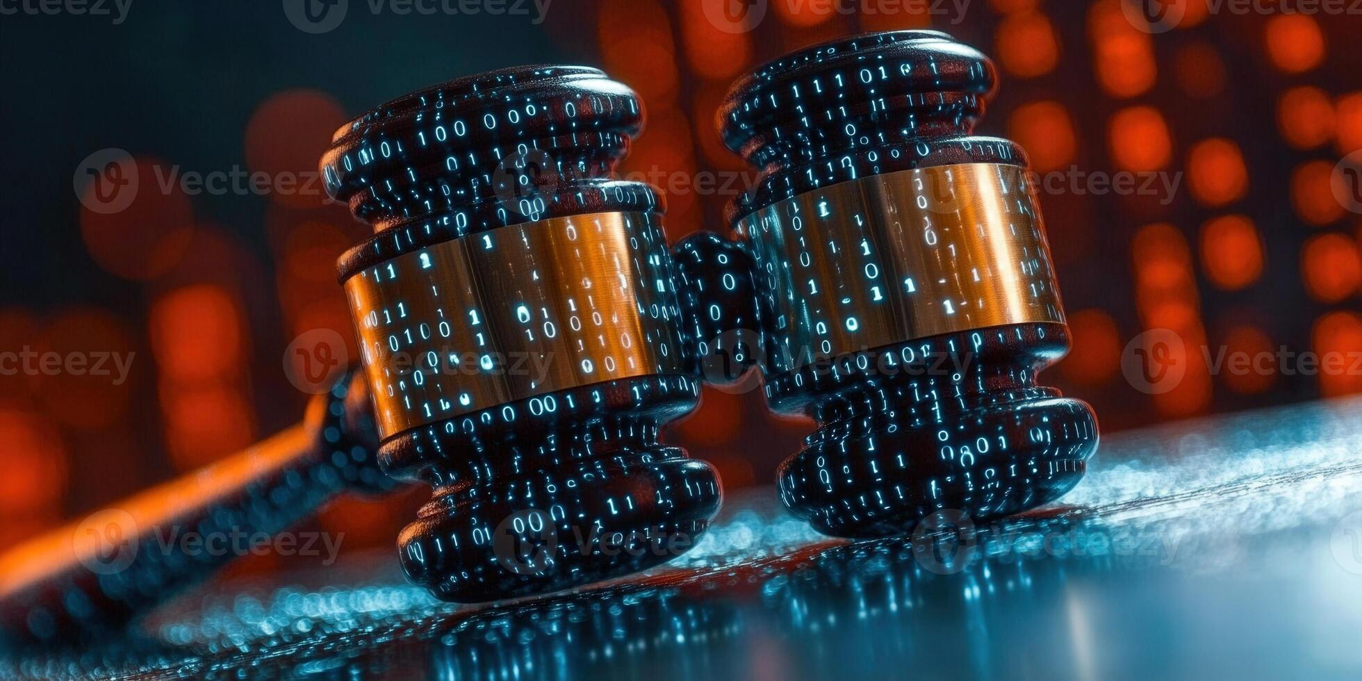 Two gavels are seen with binary code, representing digital justice and legal technology. photo