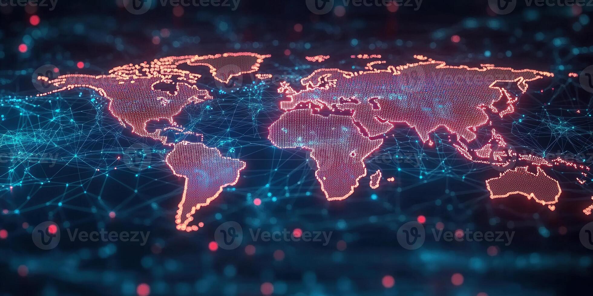 This digital rendering showcases the world map formed by interconnected data lines and dots, symbolizing global networking. photo