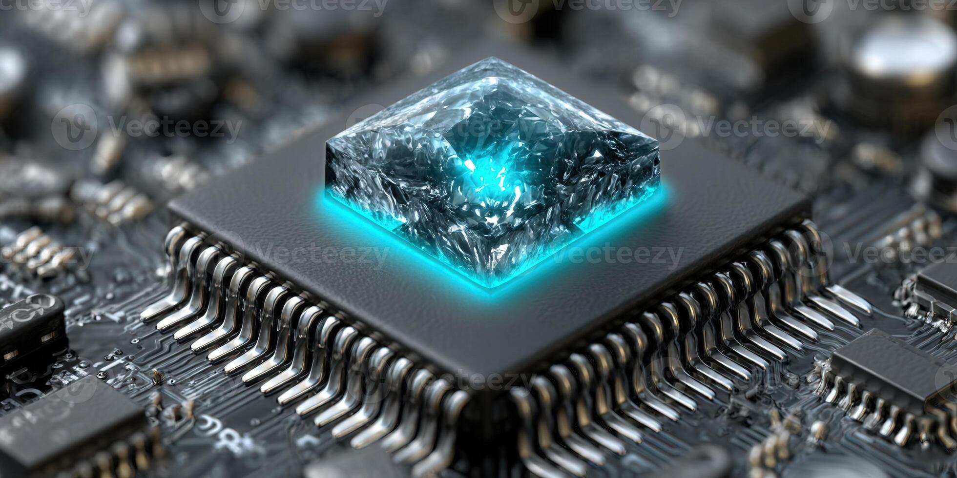 A detailed macro shot of a computer processor with a blue glowing crystal. photo