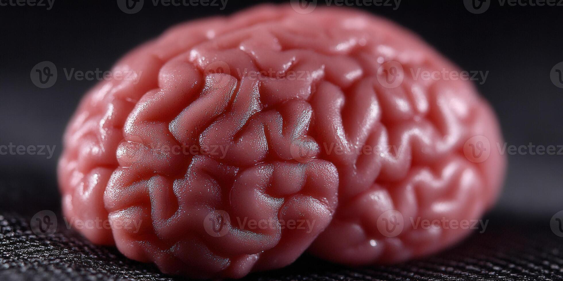 Detailed macro shot of a miniature human brain on a textured surface. photo