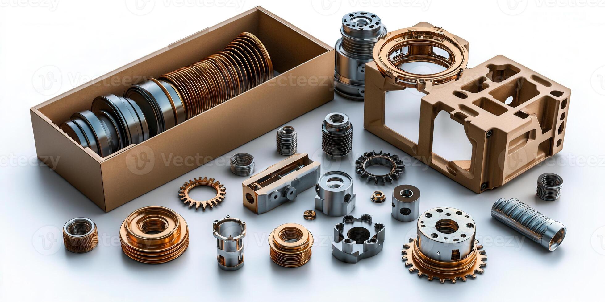 An array of metallic mechanical parts and components neatly arranged on a surface for display. photo