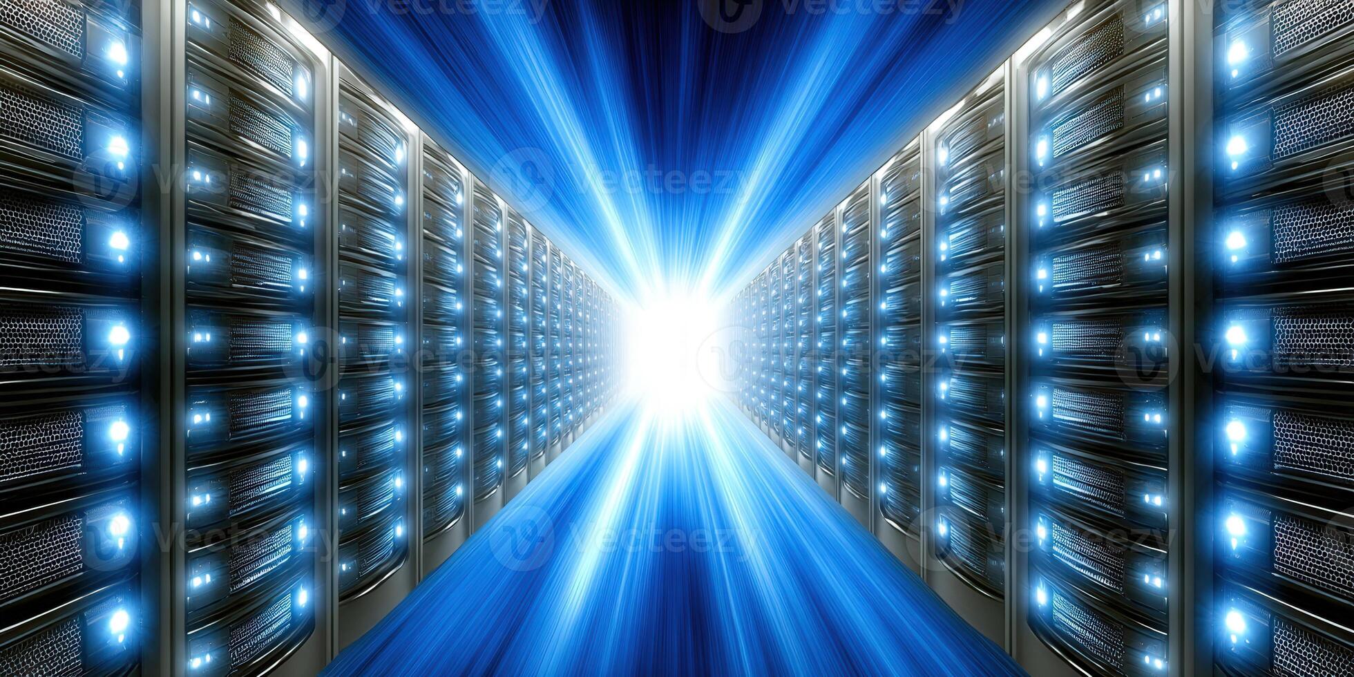 el datos centrar representa un brillante futuro con servidor bastidores y un fluir de digital información. foto