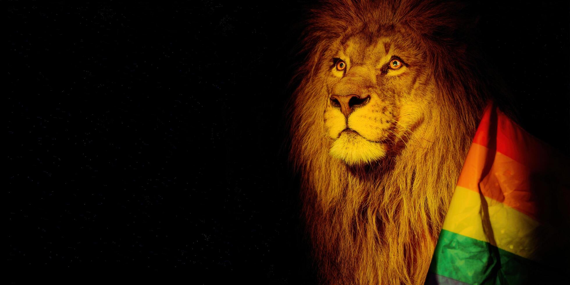 A powerful lion stands with the pride flag, representing support and strength. photo