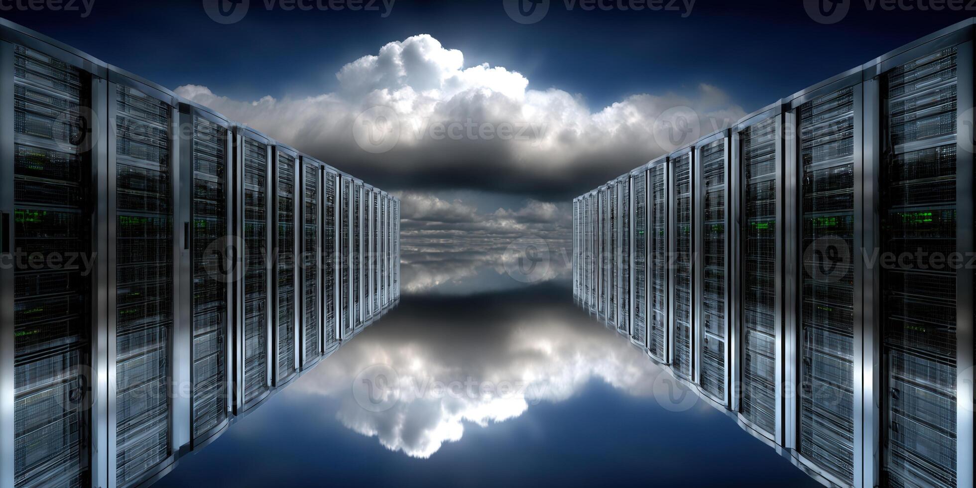 Servers reflecting in the clouds symbolize cloud computing and data storage photo