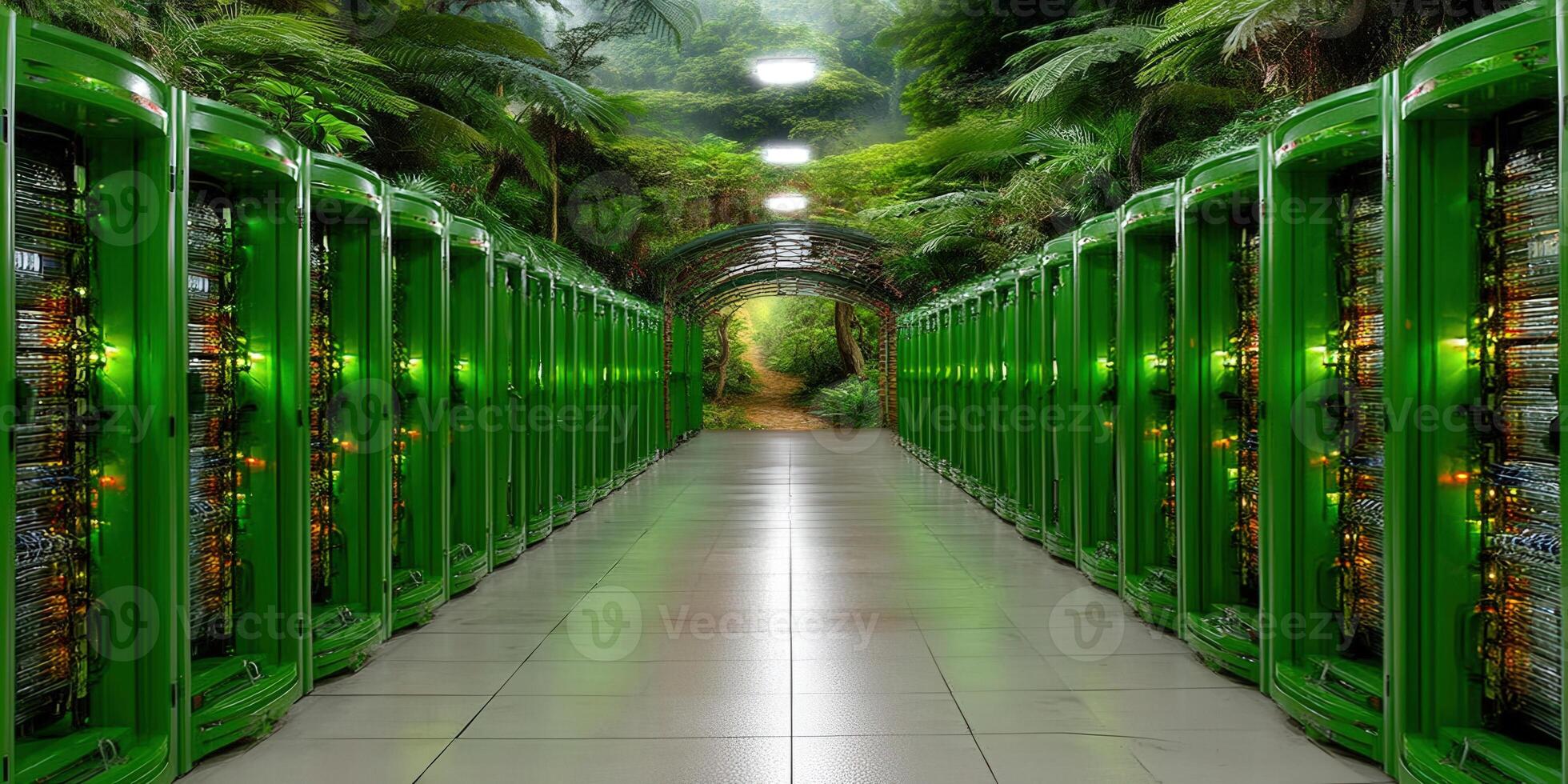 A futuristic server room merges seamlessly with lush jungle surroundings, creating a unique fusion. photo