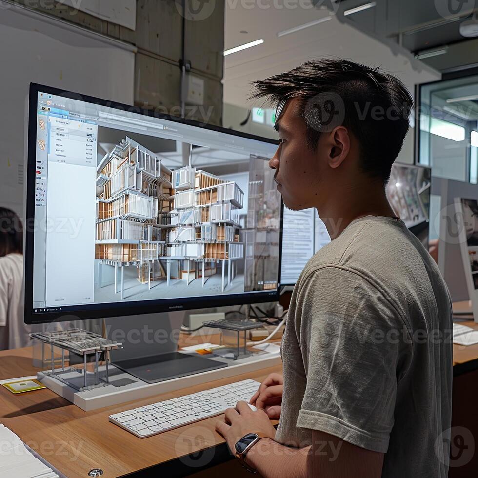 un hombre mirando a un computadora pantalla foto