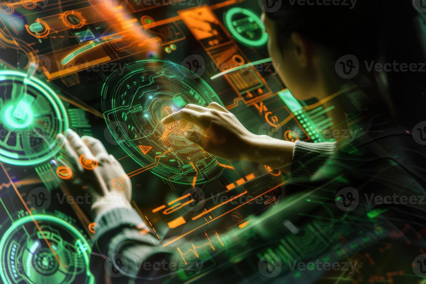 A person is using a computer screen with a futuristic design photo