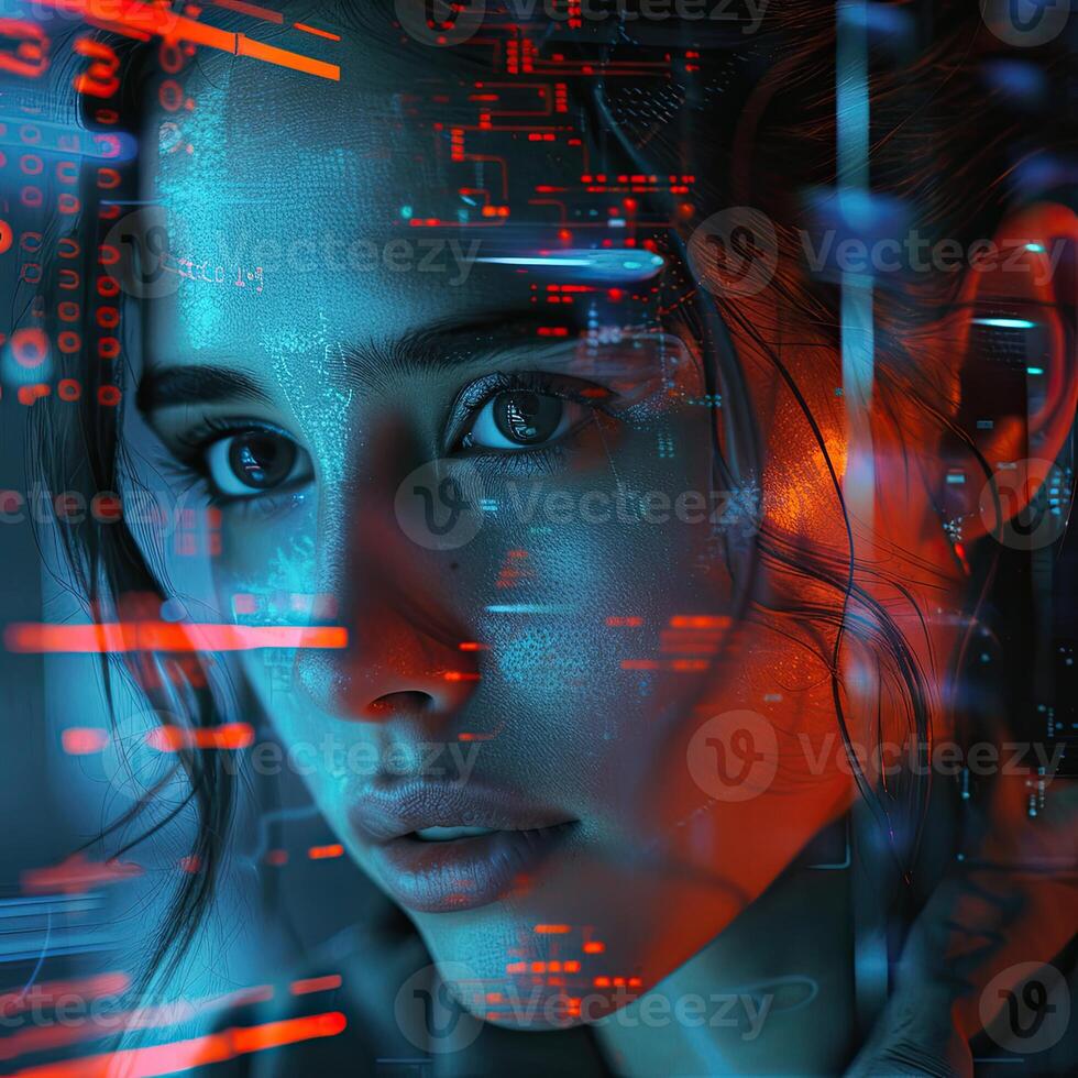 A woman with a futuristic look in front of a computer screen photo
