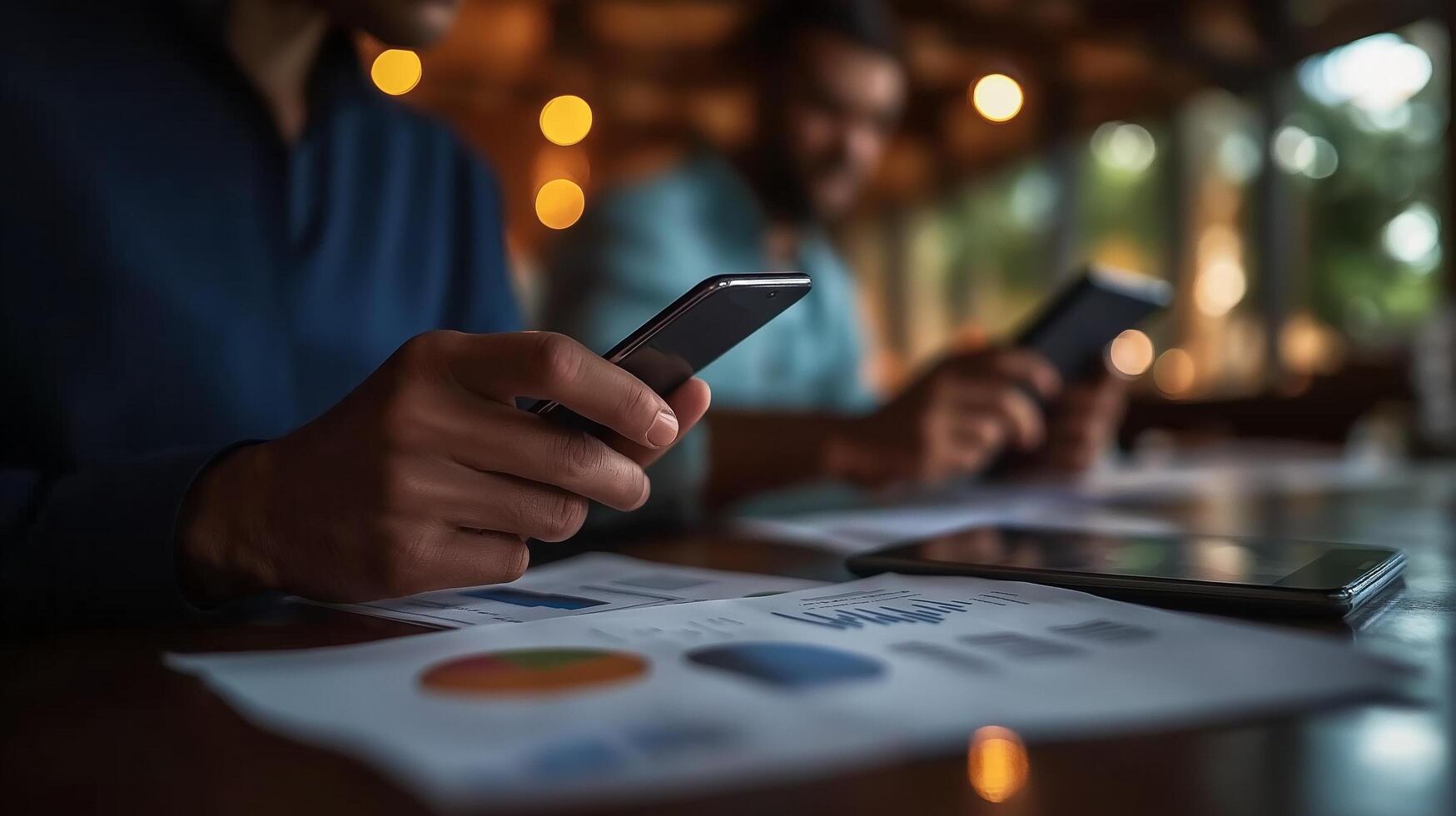 Two individuals engaged in analyzing data on smartphones while seated at a table with charts and graphs, showcasing a collaborative work environment photo