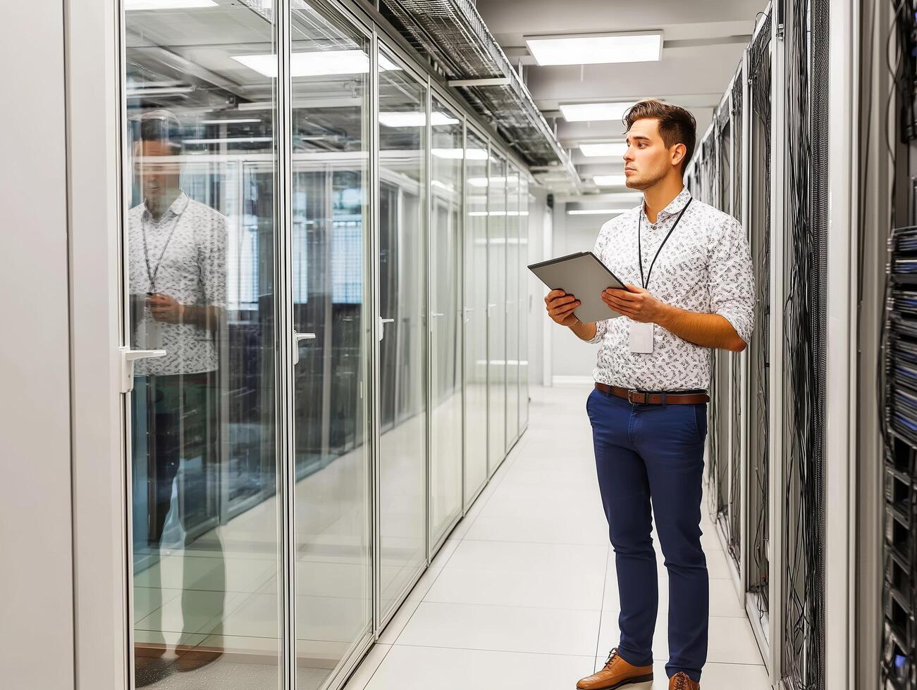 Man in high tech server room using tablet, monitoring data and systems with modern technology photo