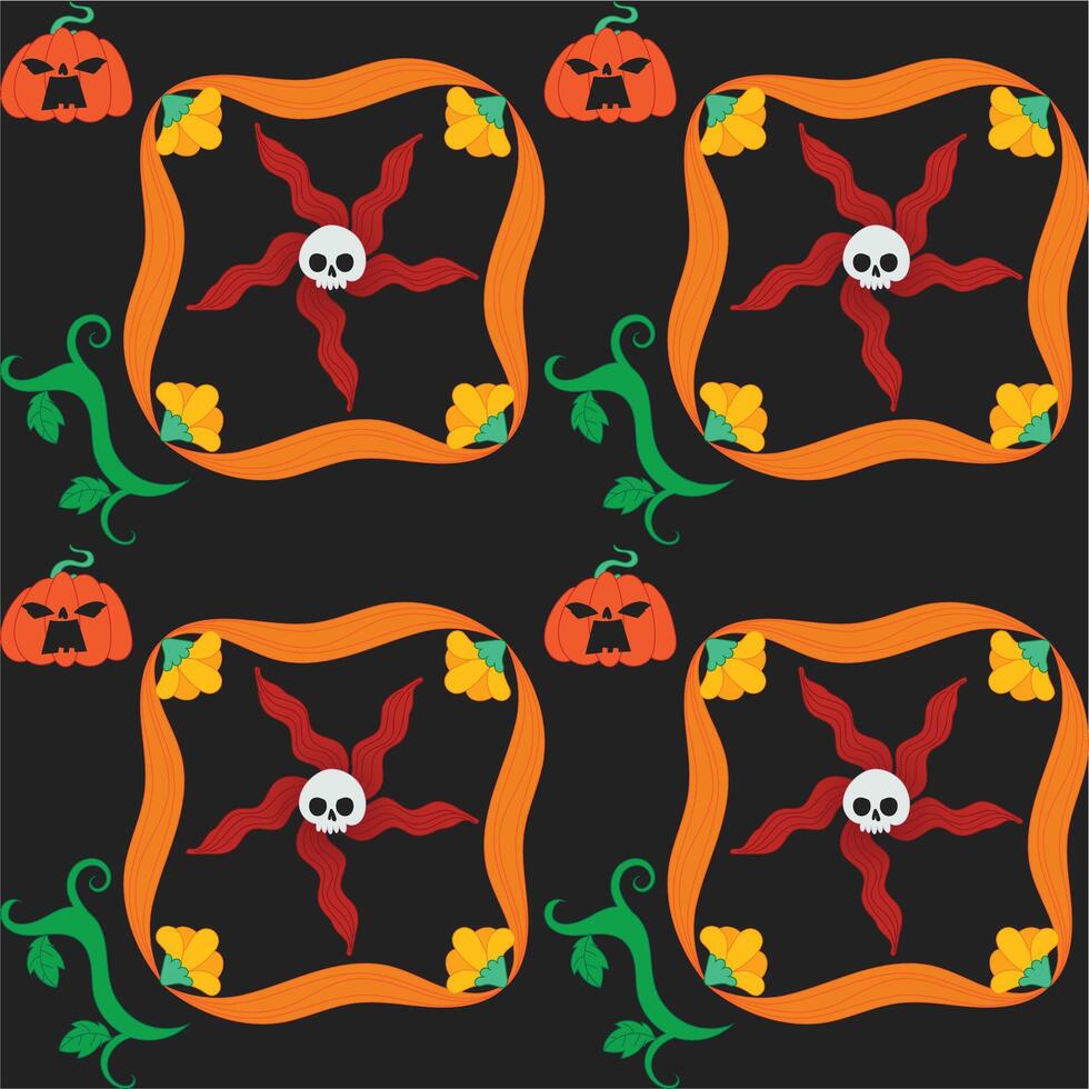 Halloween seamless pattern with skulls, pumpkins, and spooky floral elements in flat colorful style perfect for textiles, wrapping paper, backgrounds, and seasonal design projects. vector