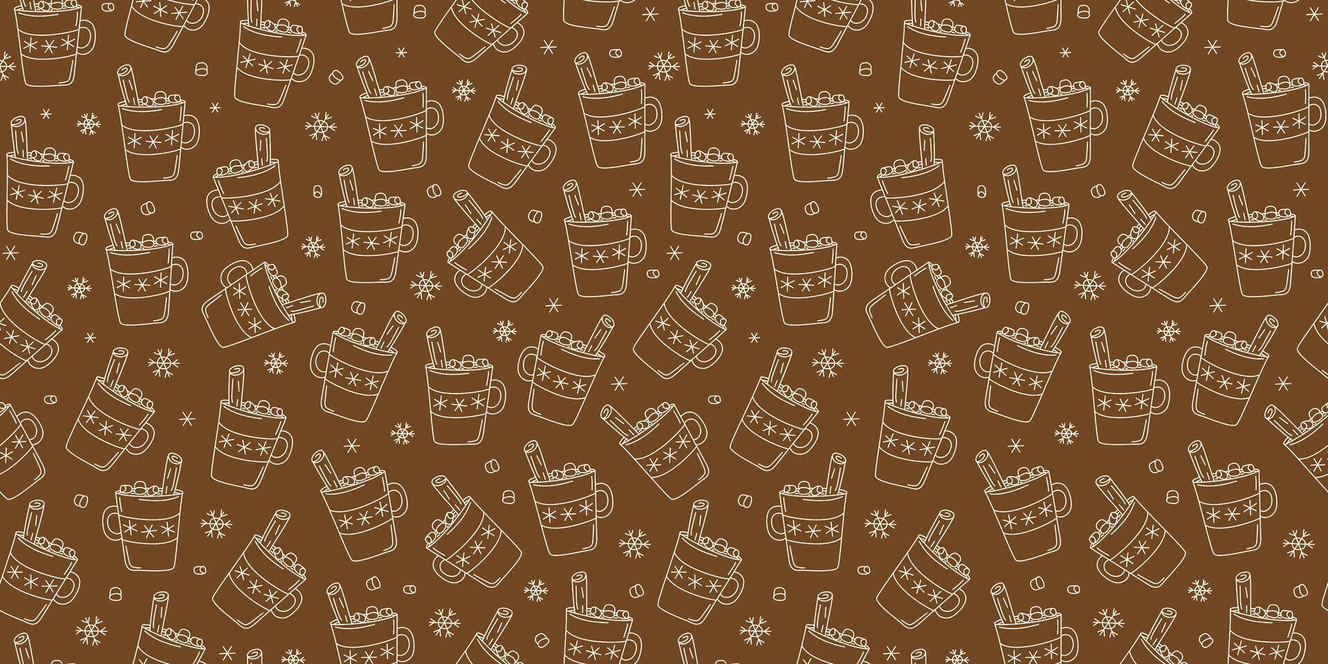 A cup of coffee, marshmallow, hot drink with cinnamon stick. Seamless pattern. Mug, cocoa, tea. A cozy set of linear icons. Drawings, doodles. Repeating background. vector