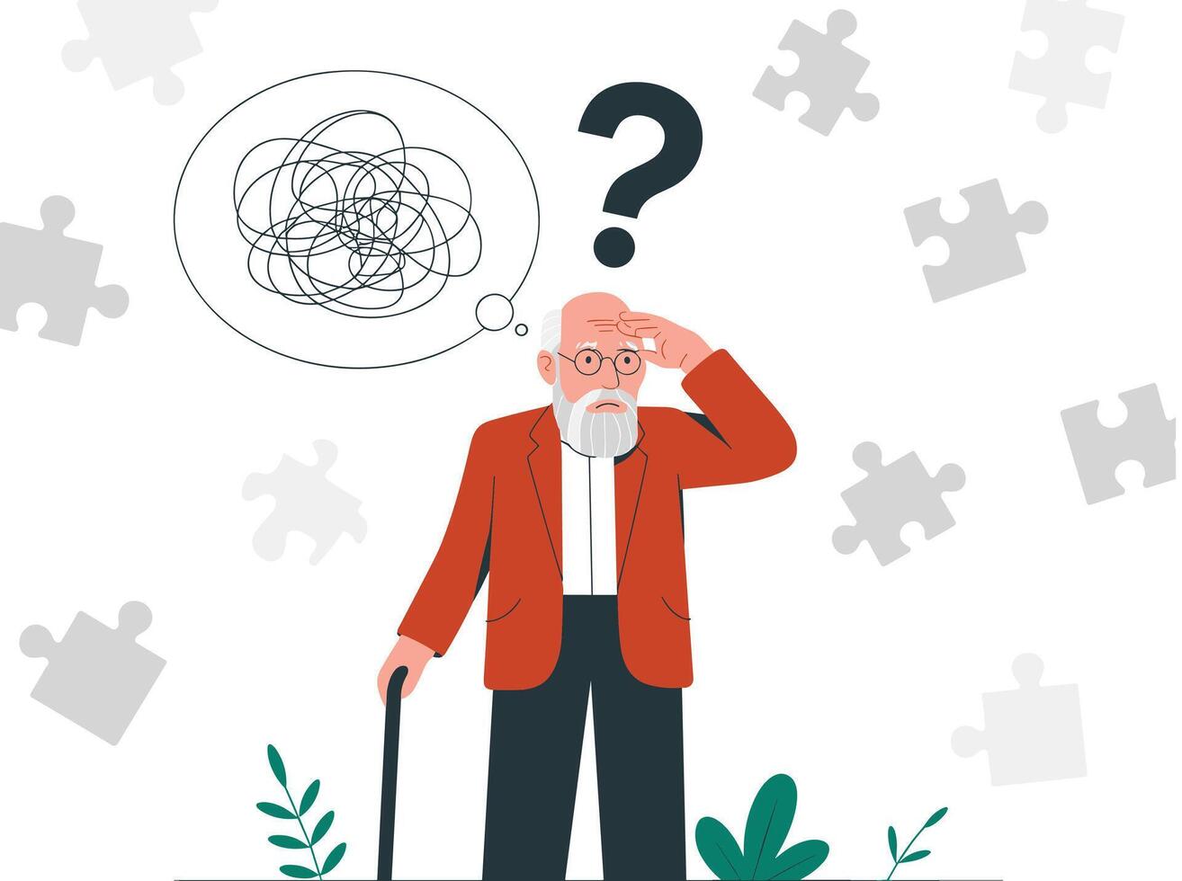 Elderly man with glasses and cane touching his forehead with a confused expression, surrounded by puzzle pieces and a question mark Keywords elderly man, cane, confusion, memory loss, dementia vector