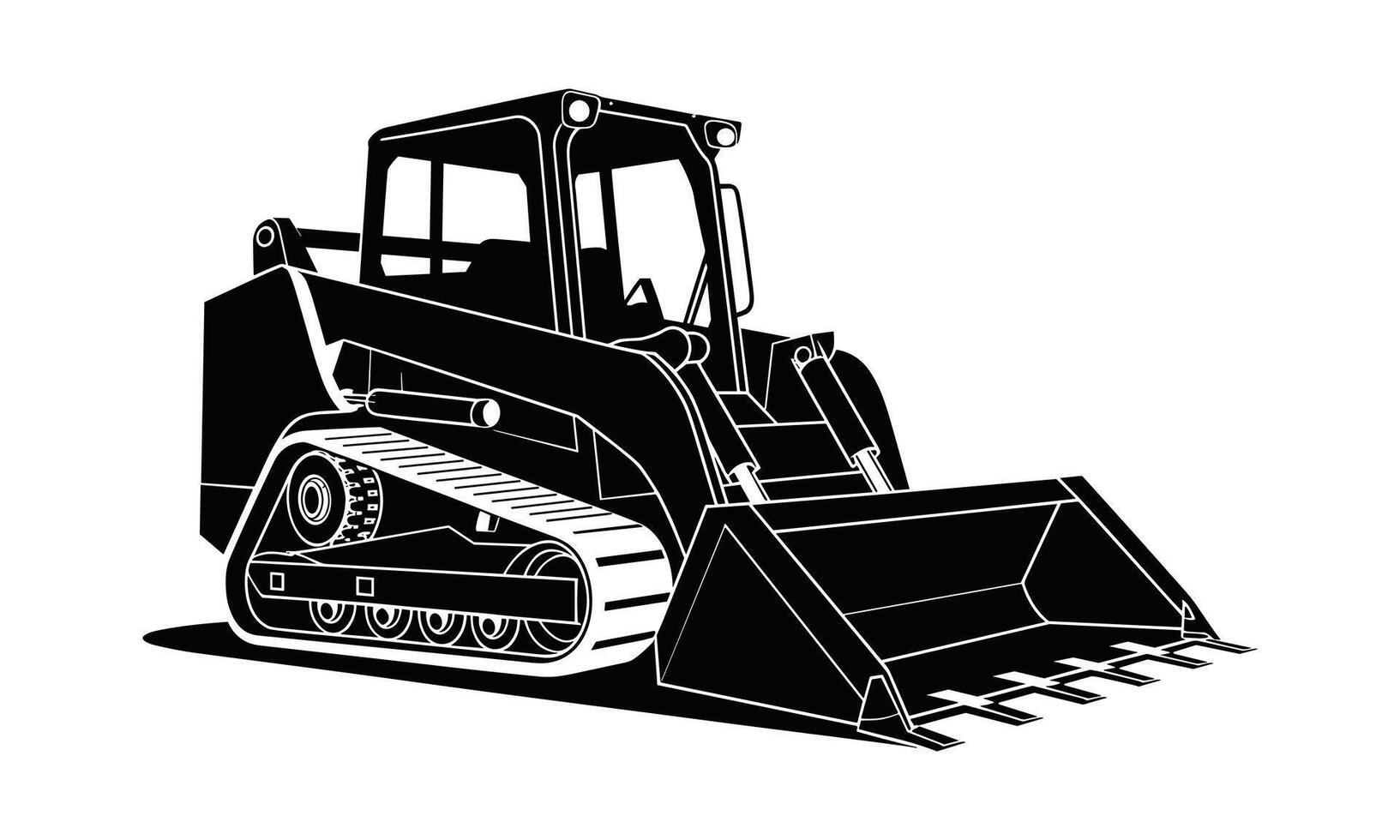Black and white illustration of a tracked skid steer loader with a front bucket on a white background vector