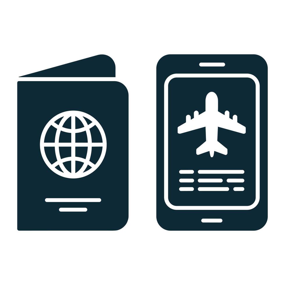 Dark blue icons of a passport with globe and smartphone displaying airplane and text travel vector