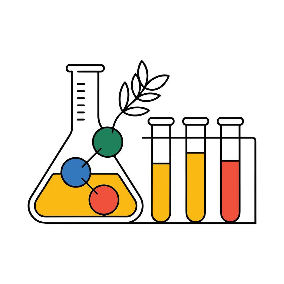 Flat illustration of a science laboratory flask with colorful molecules and test tubes with liquid vector