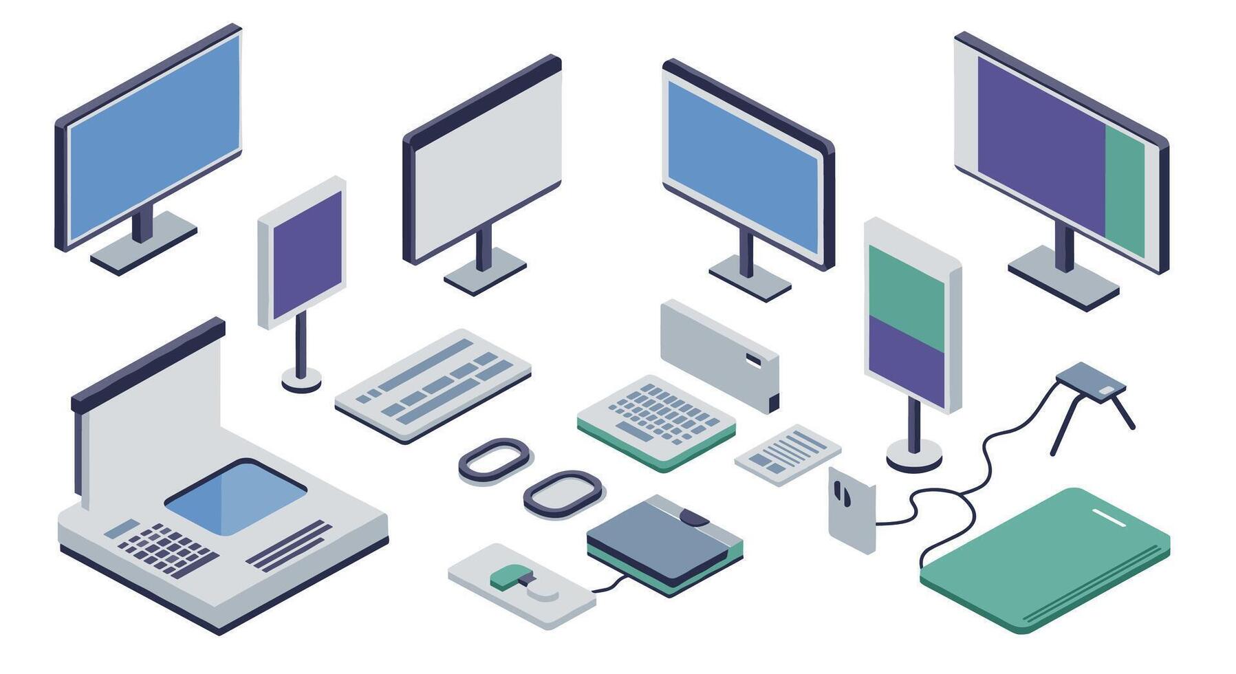 Isometric technology devices set computers, tablets, laptops, and monitors in modern design vector