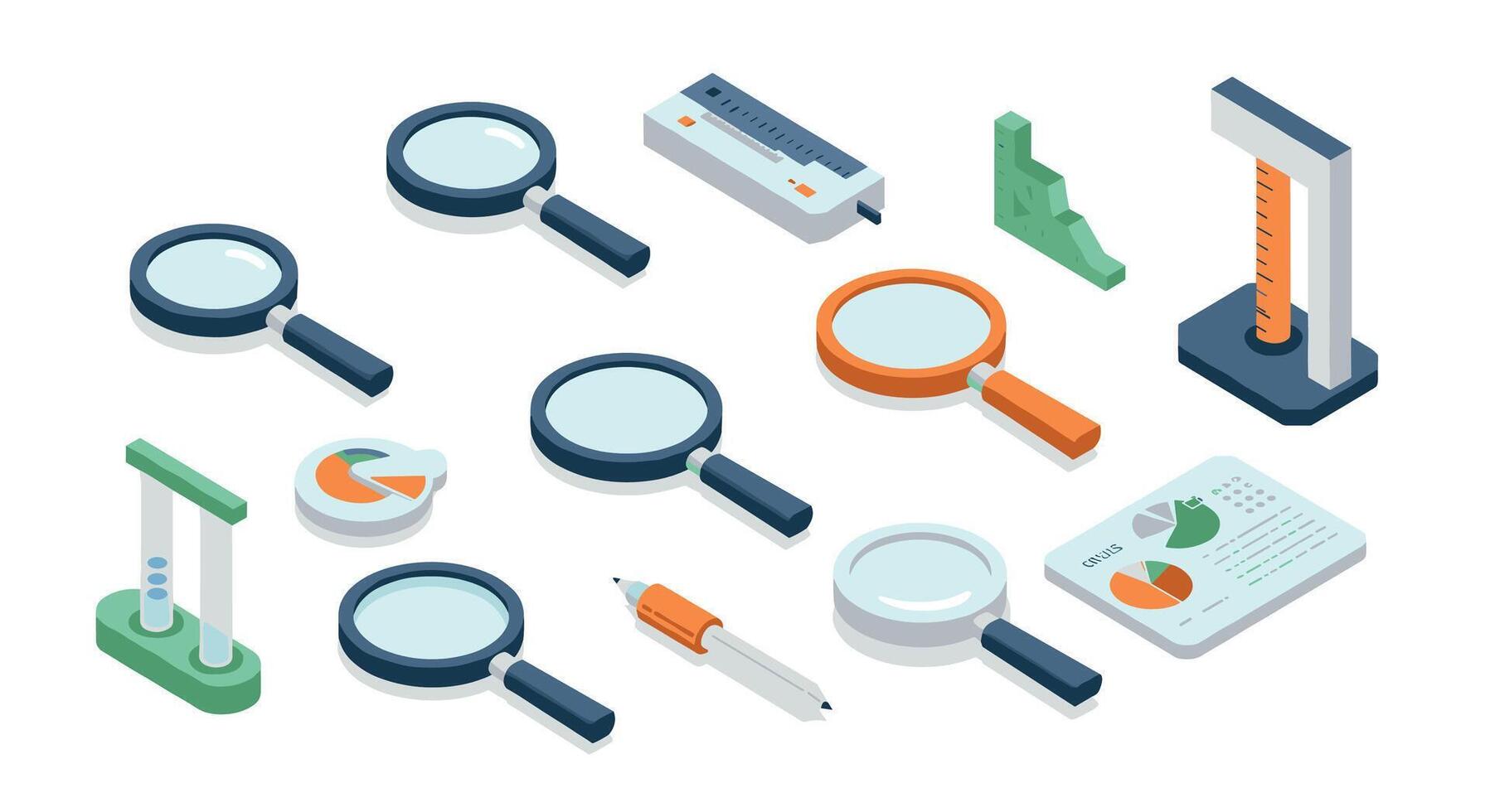 Isometric magnifying glasses and analysis tools in various designs vector