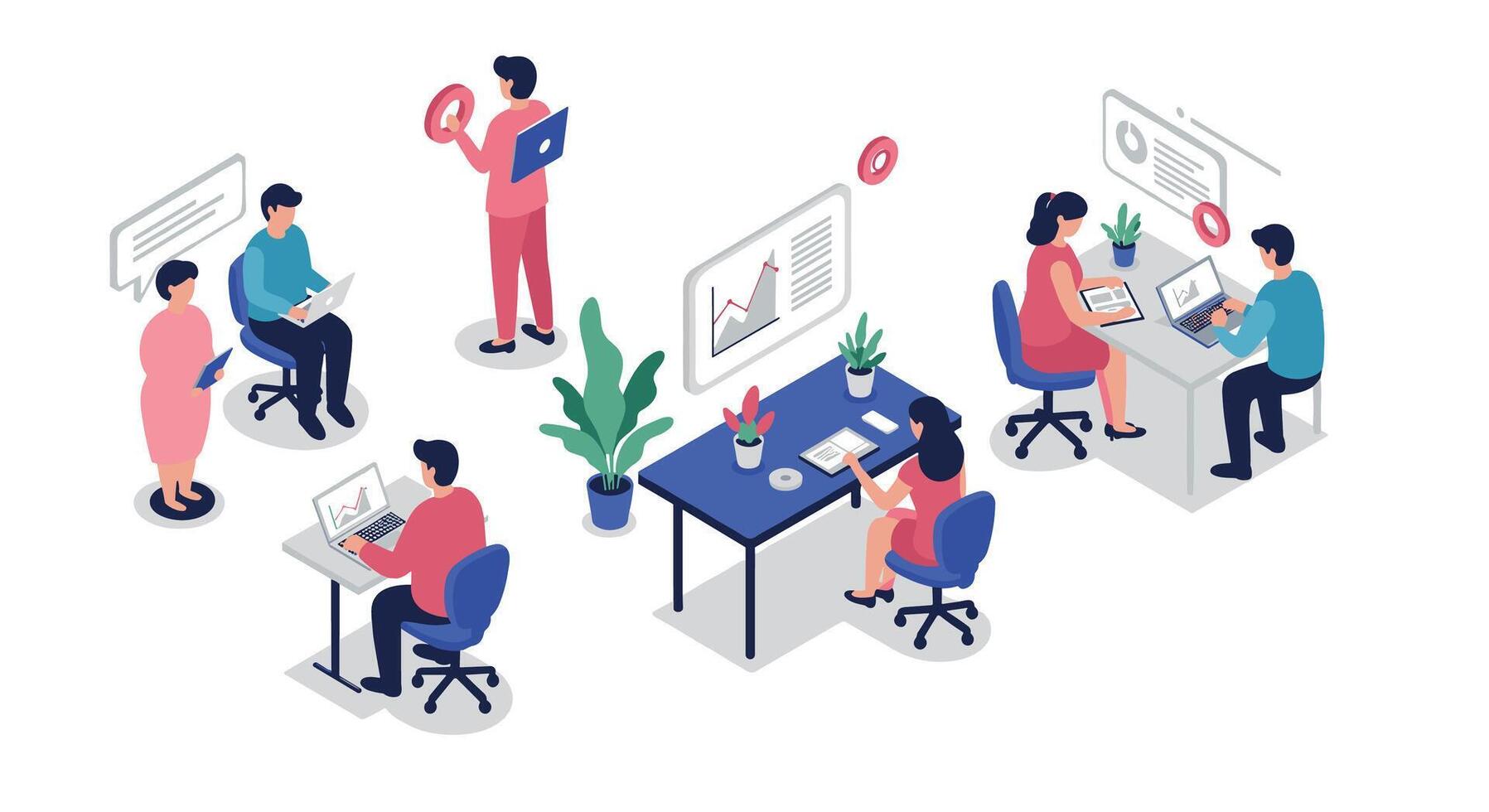 Collaborative office environment with isometric design and digital devices vector