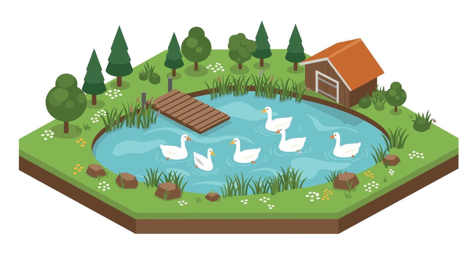 Idyllic isometric pond scene with ducks, bridge, and cabin in a peaceful forest setting vector
