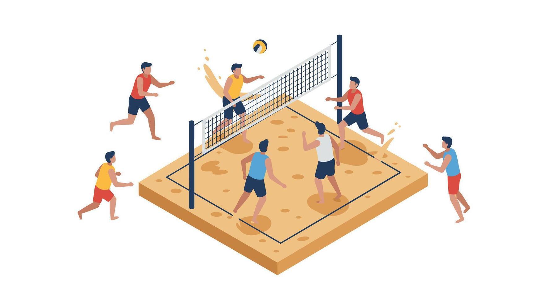 Isometric beach volleyball game with players and net in action vector