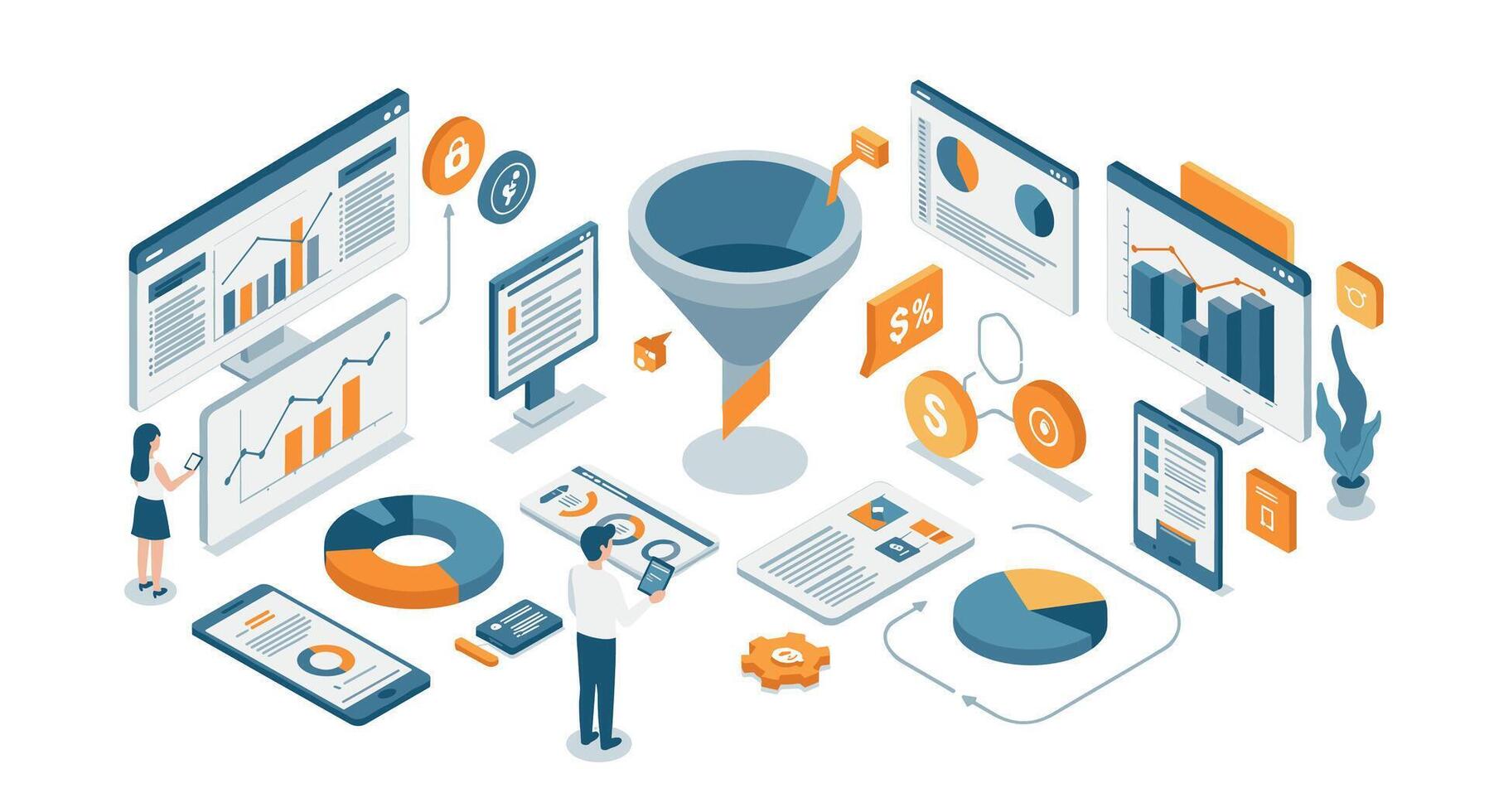 Isometric business data analysis and marketing funnel concept with charts and devices vector
