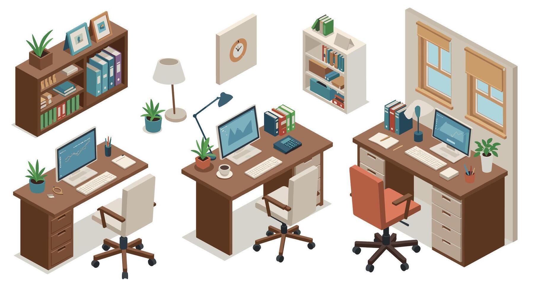 Modern office workspace in isometric style with desks, computers, and bookshelves vector