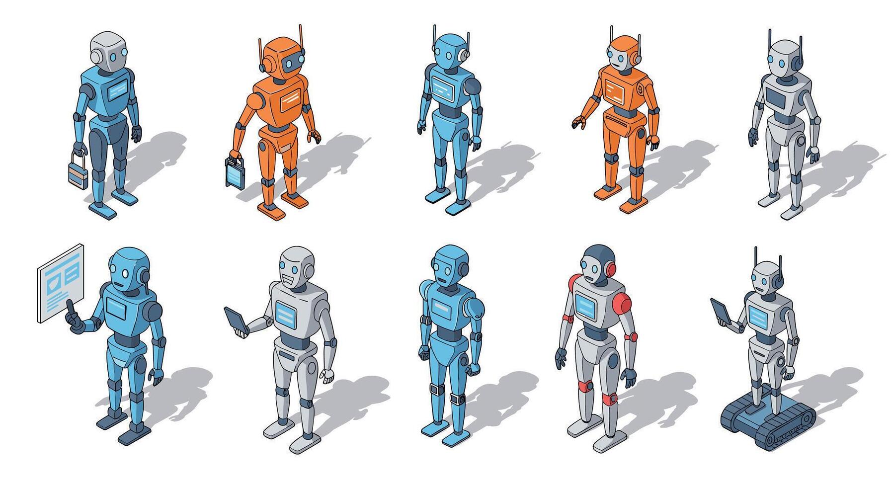 Diverse humanoid robots in isometric style with futuristic technology features vector