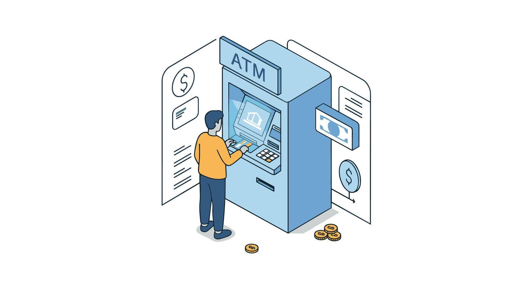 Isometric atm with user interaction and financial icons vector