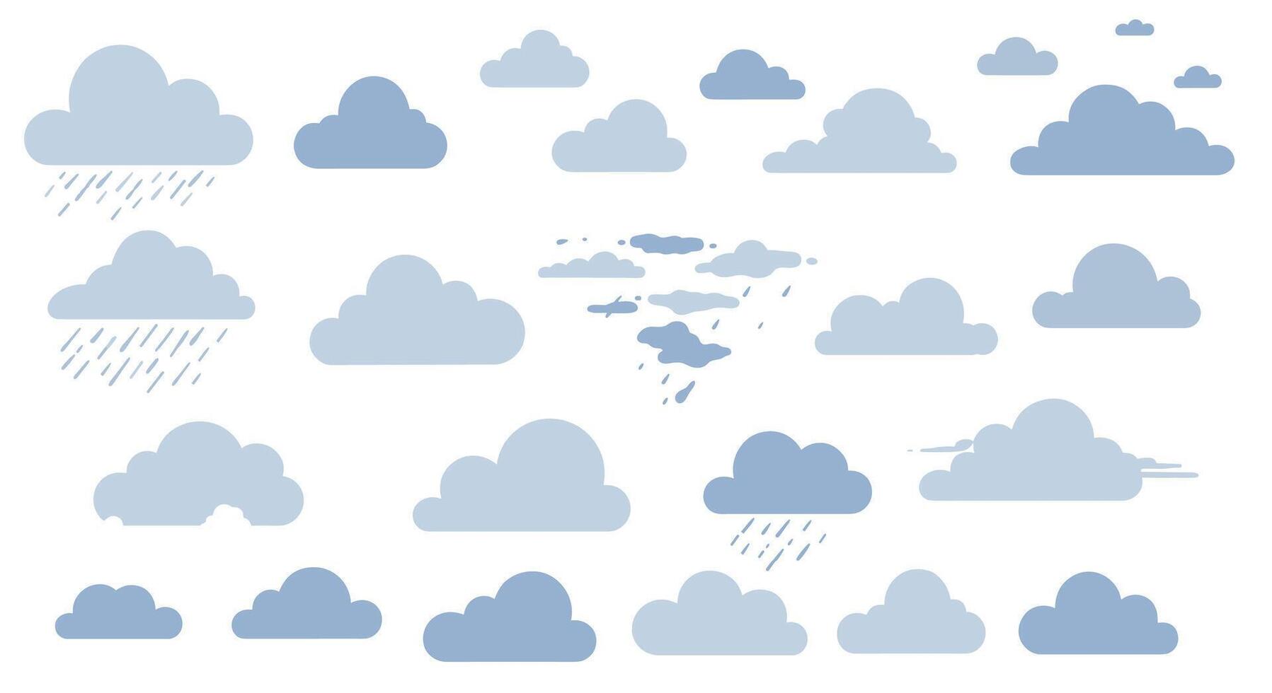 Flat style collection of blue cloud variations with rain elements vector