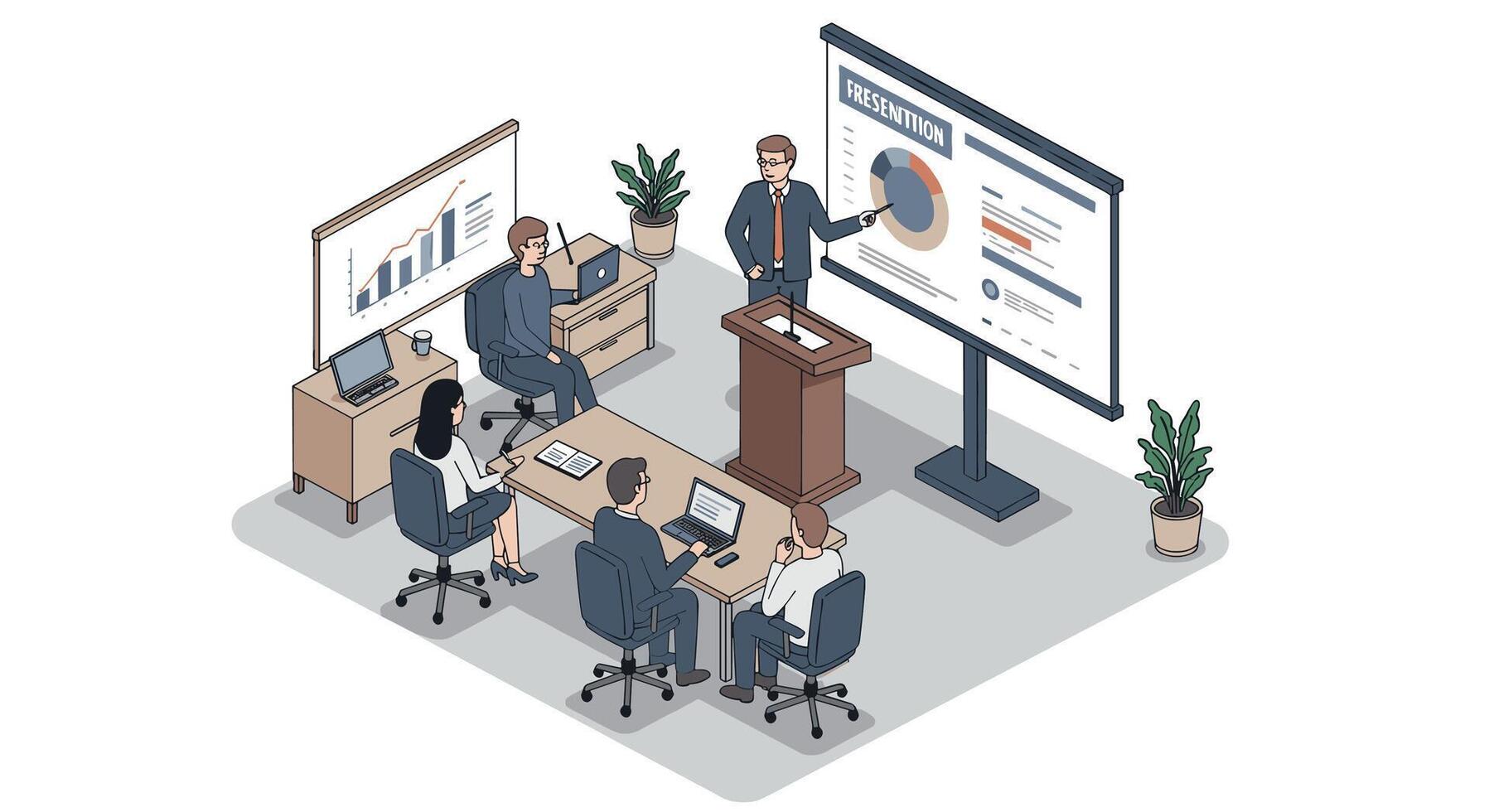 Professional business meeting in modern isometric office setting with presentation vector