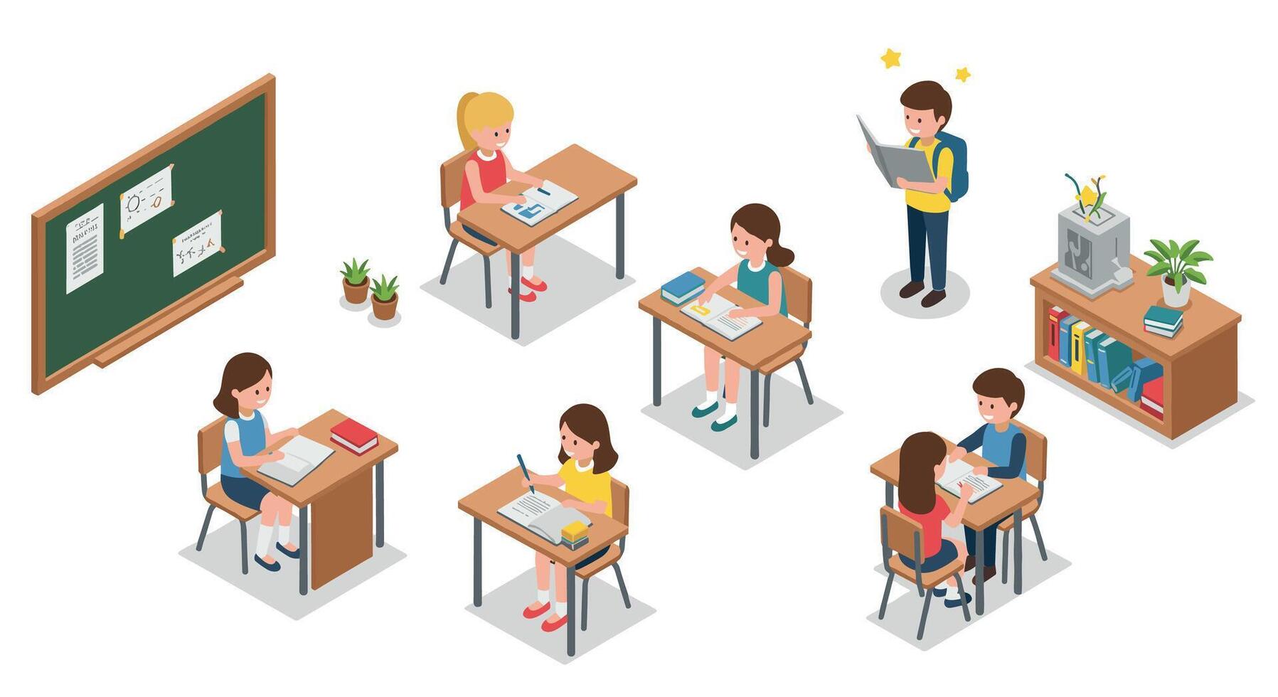Isometric classroom with students studying and learning in modern educational environment vector