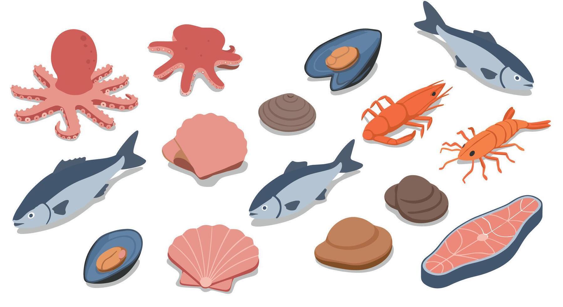 Fresh seafood collection with fish, shellfish, and crustaceans in flat design vector