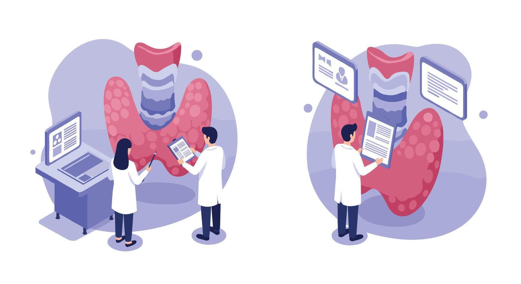 Medical professionals analyzing thyroid data using digital technology in isometric style vector