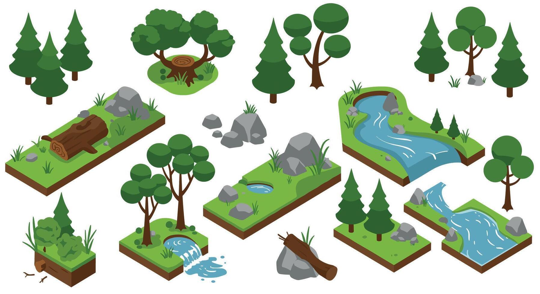 Isometric forest elements with trees, rocks, and river in nature scene set vector