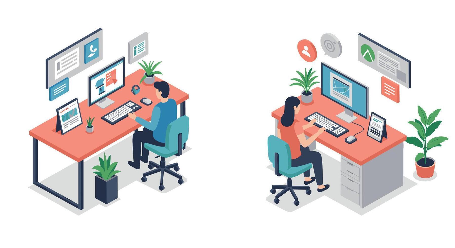 Modern office workspace with people using technology in isometric style vector