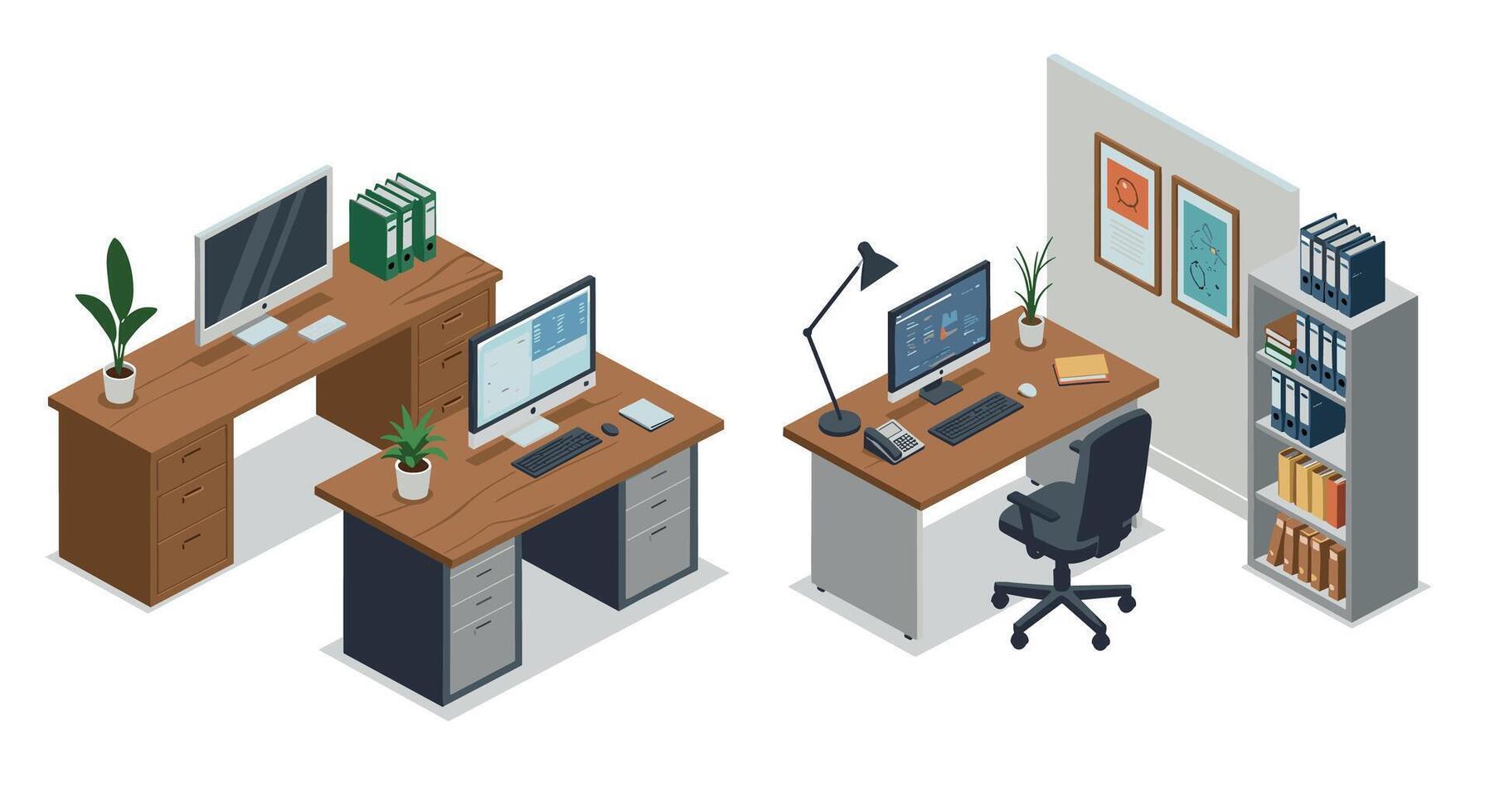Modern office workspace design with desks and computers in isometric style vector