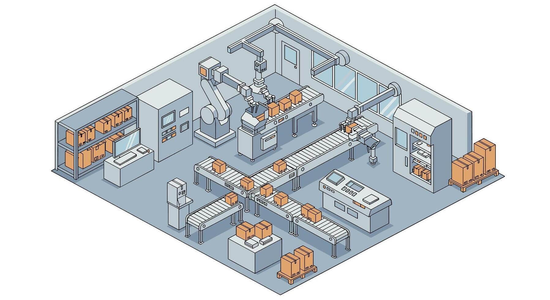 Modern automated factory conveyor belt system with robotic arm in isometric design vector