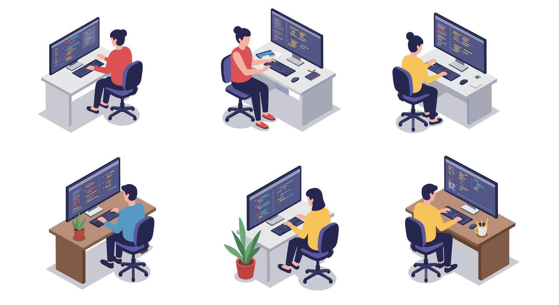 Isometric office workers coding at desks with computers and monitors vector