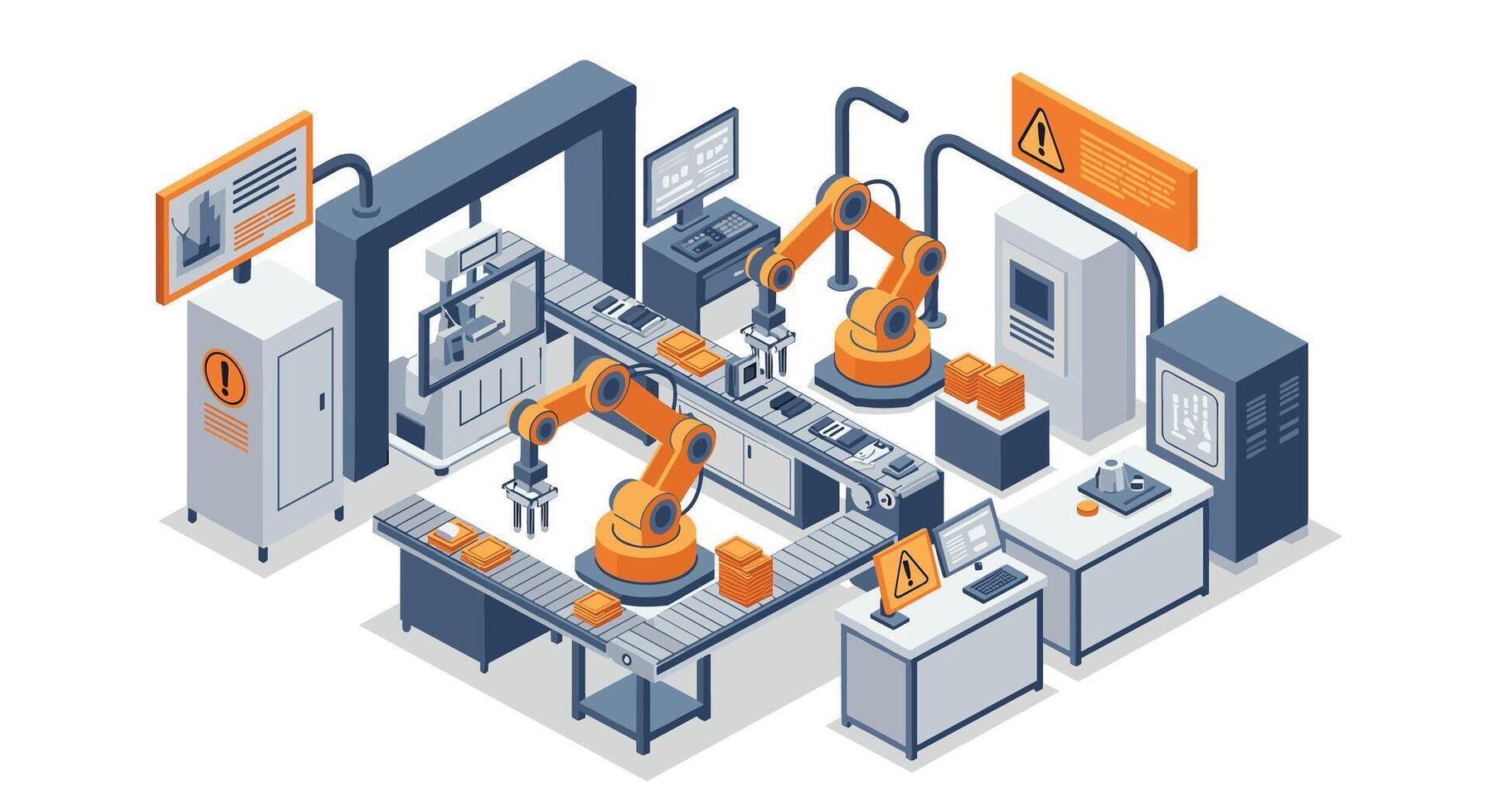 Isometric industrial automation scene with robotic arms and conveyor belt vector