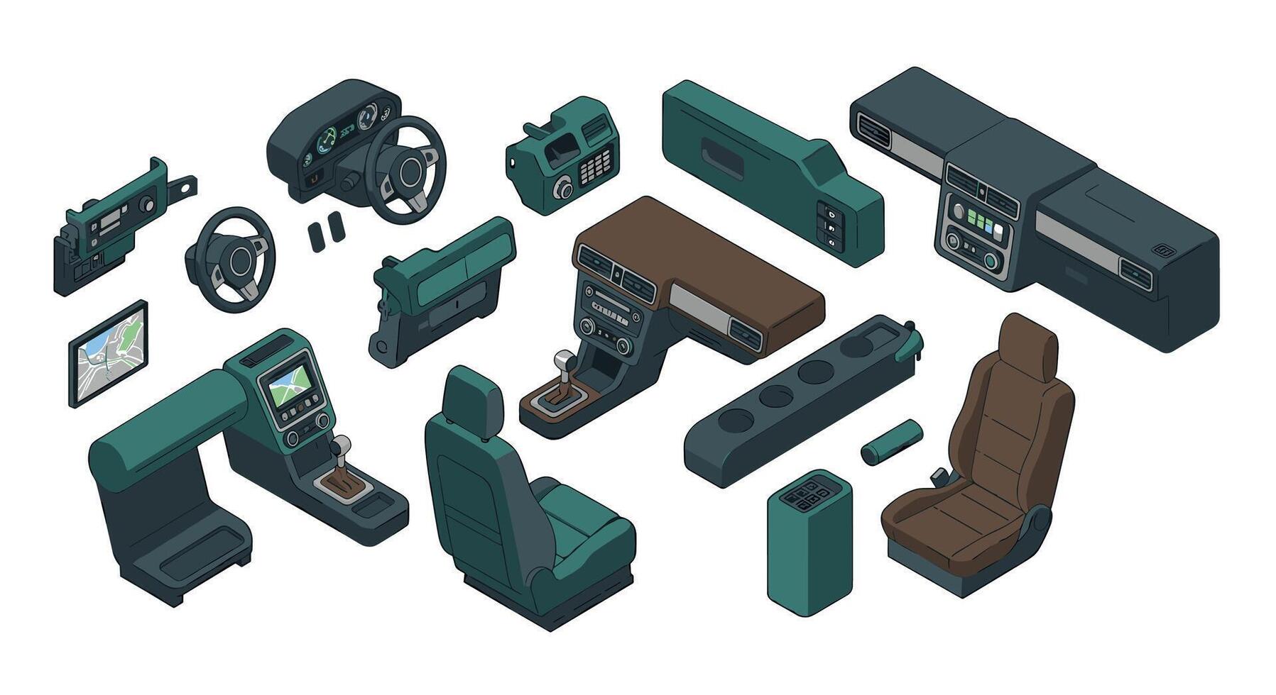 Isometric automotive interior components set for design and prototyping projects vector