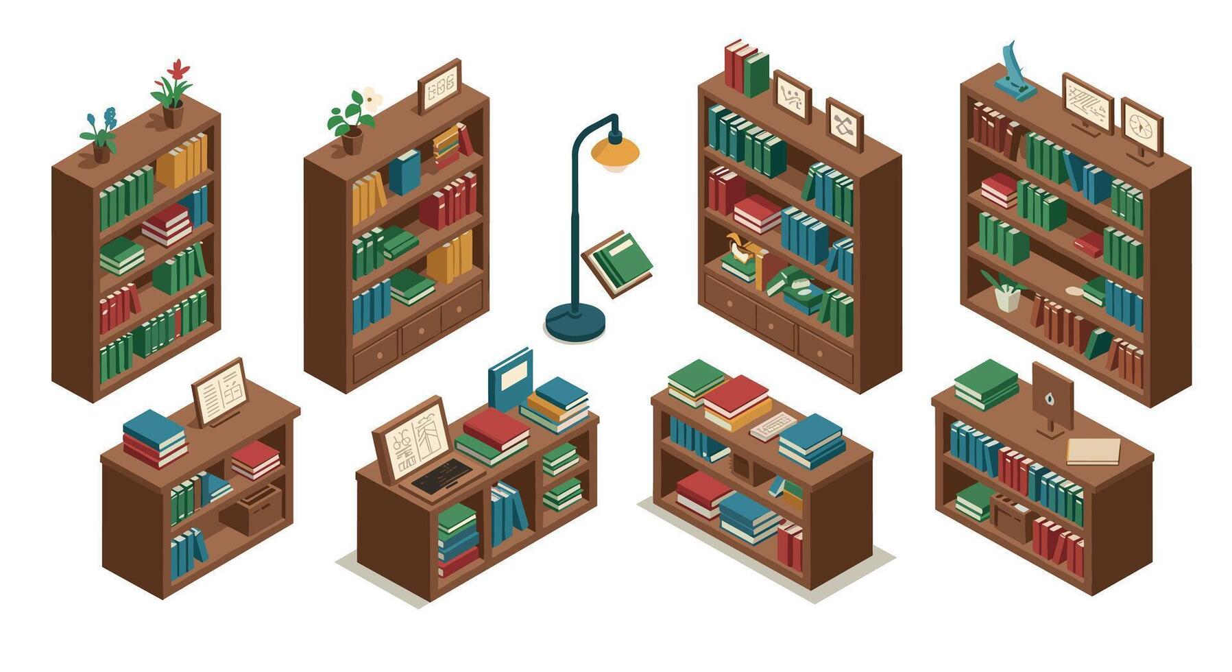 Isometric bookshelves and reading spaces with plants and desk lamps vector