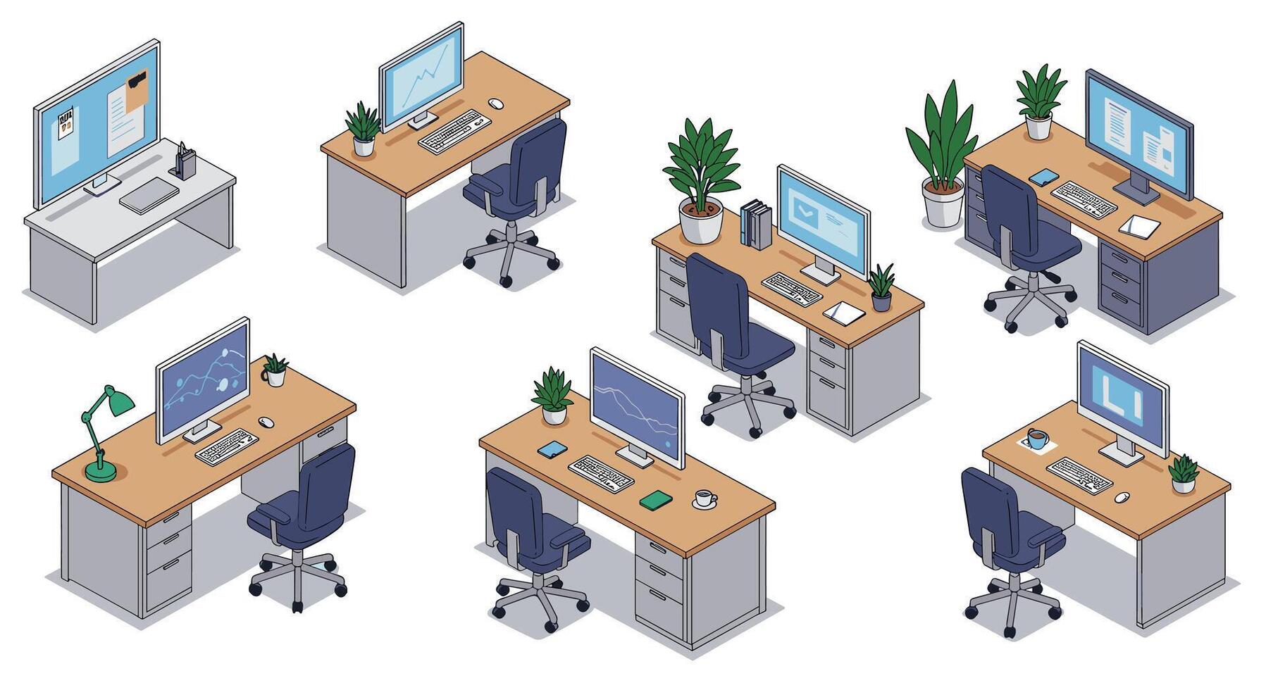 Isometric office desks with computers and plants in modern workspaces vector