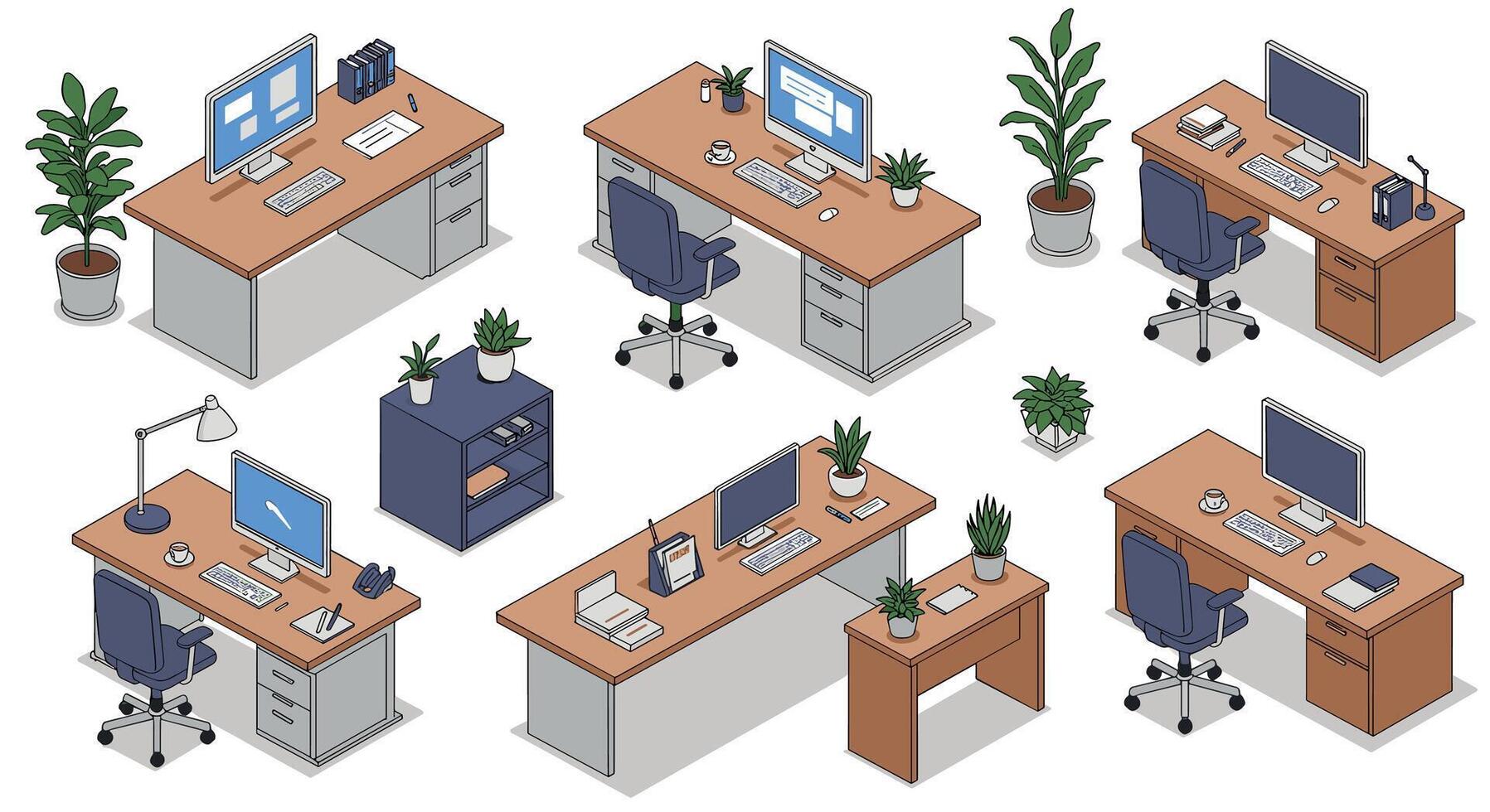 Modern home office desks with computers and plants in isometric design vector