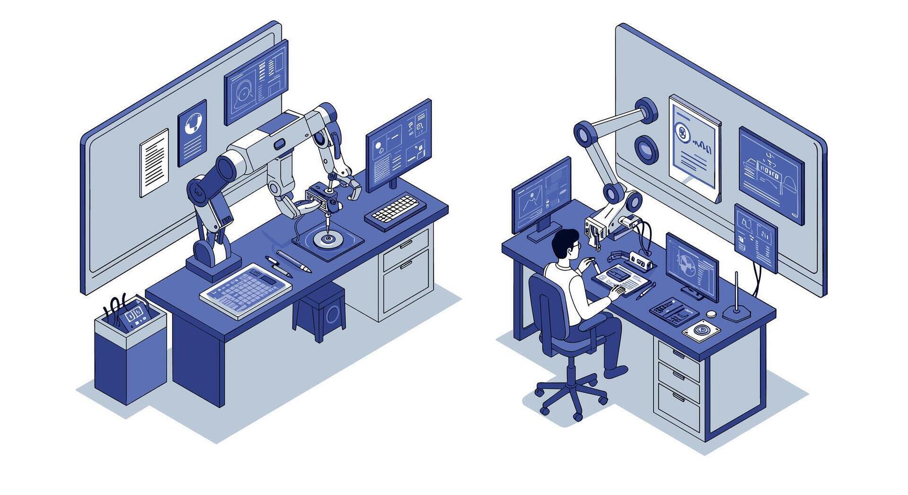 Futuristic workspace with robotics and ai technology in modern office setting vector