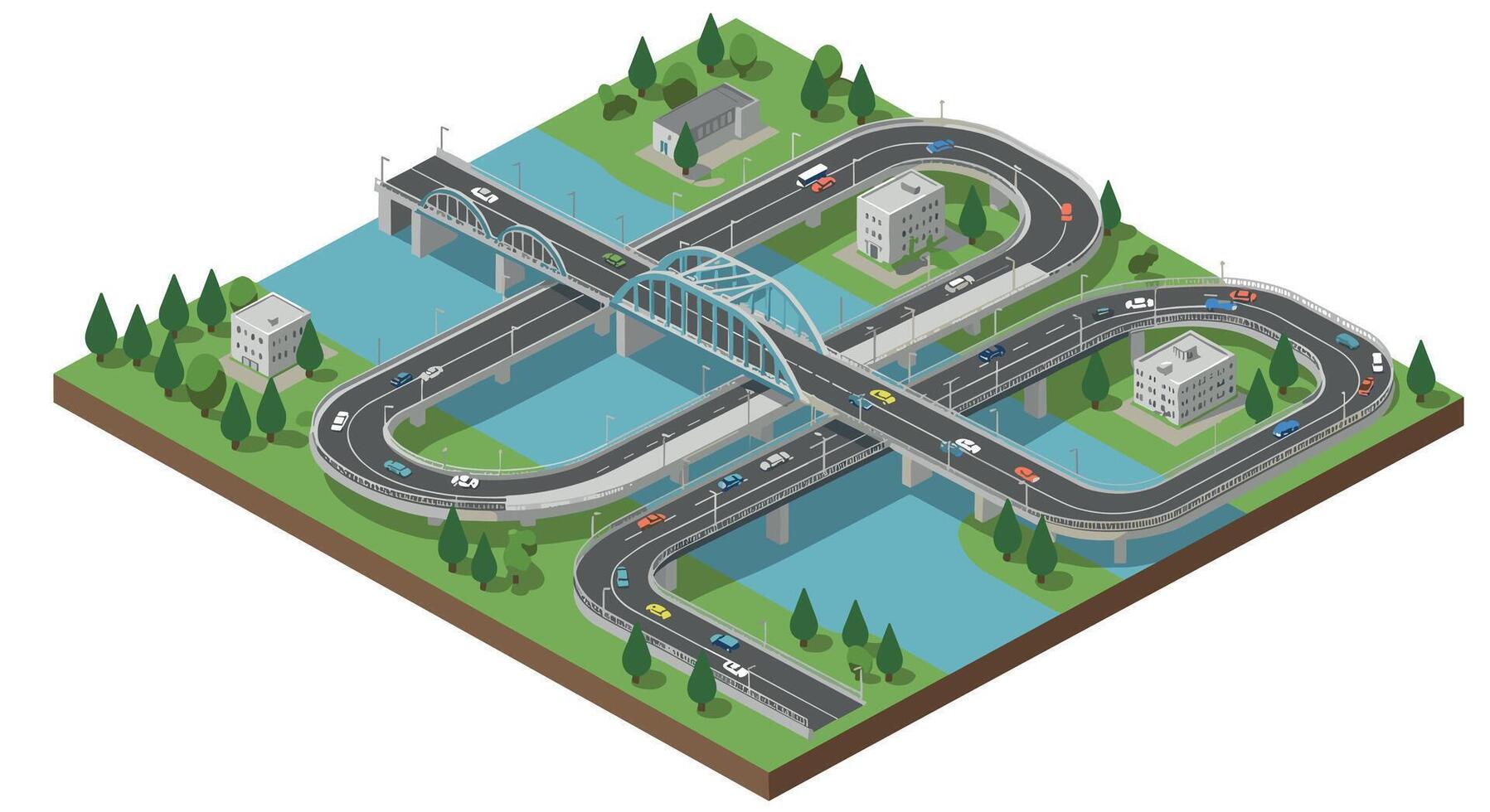 Isometric city highway interchange with bridges and green spaces in urban setting vector